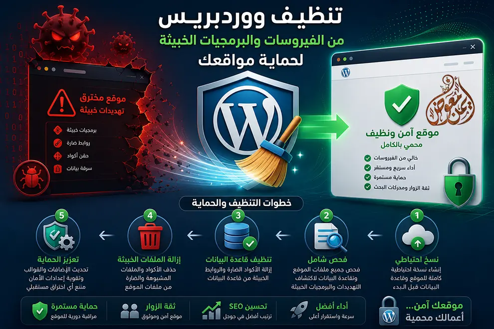 رسم توضيحي لعملية تنظيف ووردبريس من الفيروسات والبرمجيات الخبيثة لحماية المواقع.