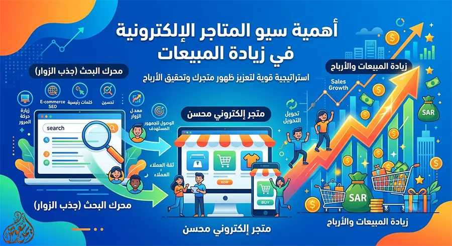 رسم توضيحي يوضح أهمية سيو المتاجر الإلكترونية في زيادة المبيعات